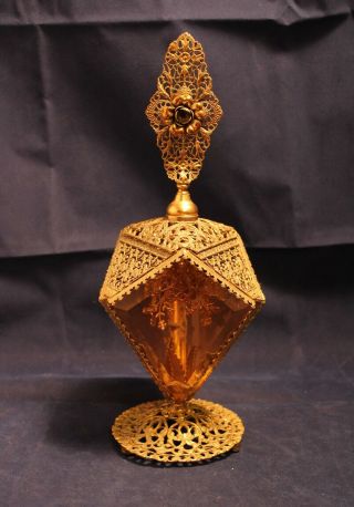 Vintage Victorian Style Ornate Filigree Brass Perfume Bottle W/dauber