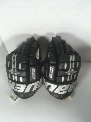 Vintage 13” Bauer 1000 Pro Hockey Gloves Leather Black And Silver Euc