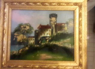 Antique Reverse Painting On Glass Of English Castle 20 X 16 In Gold Frame