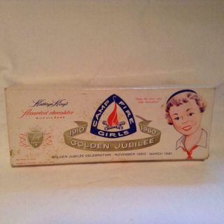 Vntg 1960 Golden Jubilee Camp Fire Girls King’s Chocolates Candy Box Girl Scouts
