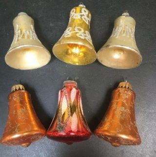 6 Vintage Gold & Red Glass Xmas Christmas Tree Ornaments Bells