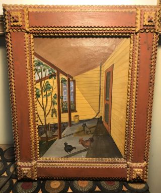 Dan Strawser Jr Tramp Frame W/ Antique Oil Painting Folk Art