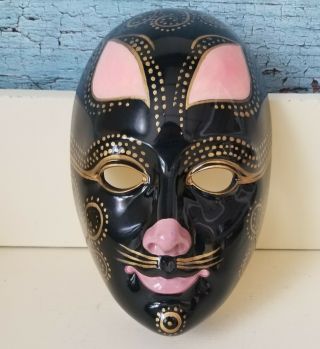 Vintage Art Deco Stonelite Italy Cat Face Wall Mask Black Gold Pink Decorative