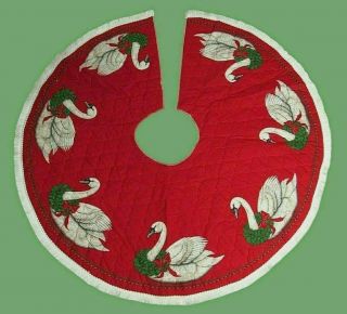 Vintage Quilted Christmas Tree Skirt 36 " Red With White Swans & Holly Wreath