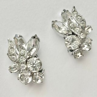 Signed Weiss Vintage Crystal Rhinestone Flower Wedding Crystal Clip Earrings 198
