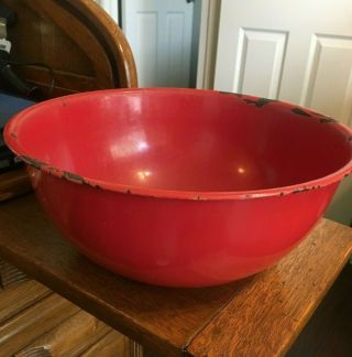 Unusual Vintage Solid Red Enamel Ware Mixing Bowl 10 3/4 " Farm House Shabby