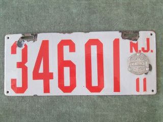 Antique 1911 Jersey License Plate 34601 Porcelain With Maker 
