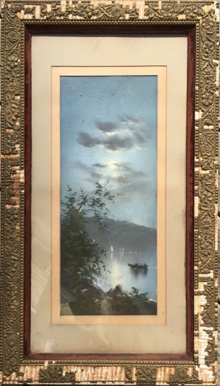 Antique 19th Century C1860 Oil Pastel Painting Landscape Moon Lake Boat