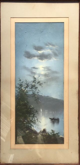 Antique 19th Century c1860 Oil Pastel Painting Landscape Moon Lake Boat 2