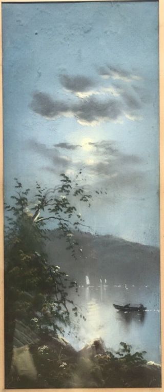 Antique 19th Century c1860 Oil Pastel Painting Landscape Moon Lake Boat 3