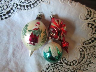 3 Vintage Glass Christmas Ornaments Santa Skier Indents Made In Poland Stencil