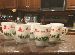 Vintage Tom And Jerry Eggnog Cups Hazel Atlas 1950’s Christmas Milkglass 6 Cups
