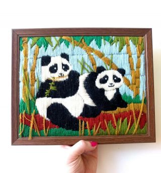 Handmade Fiber Art Panda Wall Hanging Embroidery Wildlife Framed Vintage 70 