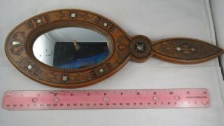 Unique 1839 Vintage Wooden Wood Hand Carved Inlaid Metal Vanity Hand Mirror