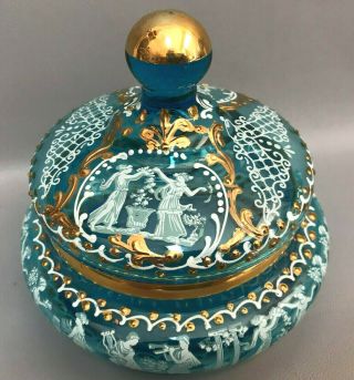 Vintage Bohemian Blue Uranium Art Glass Bowl Gold,  Enamel Hand Painted