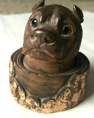 Charming Antique Black Forest Carved Wood Bear Inkwell - Glass Eyes W Insert