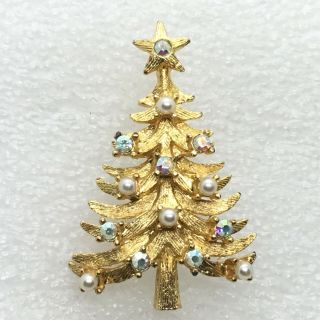 Signed Mylu Vintage Christmas Tree Brooch Pin Faux Pearl Ab Rhinestone Jewelry