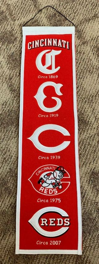 Cincinnati Reds Logo History Felt Banner 8.  5 X 32 Mlb Ohio Cooperstown Collect