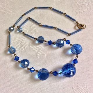 Vintage Art Deco Sapphire Blue Crystal Glass Faceted & Tubular Bead Necklace