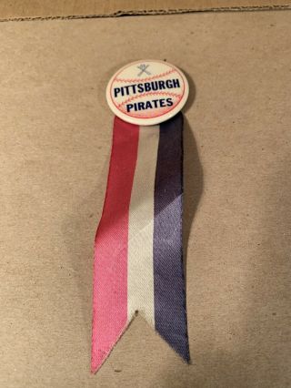 Patriotic Pittsburgh Pirates Pinback Button W/ Red White And Blue Ribbon Vintage