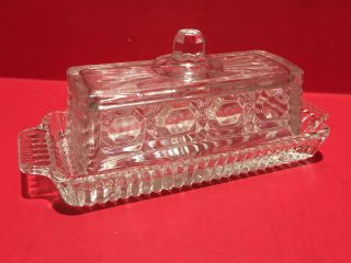 Vintage Pressed Glass Covered Butter Dish With Handle Lid