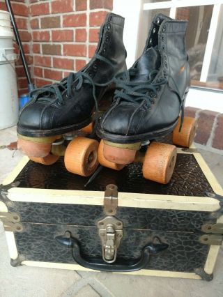 Vintage Black Leather Hyde Wooden Wheel Roller Skates 7 1/2 With Case 2