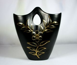 Large Vintage Diana Black With Gold Gilded Decoration Basket Vase