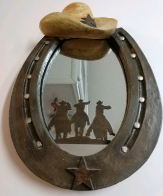 Vintage Western Tan Hat Hanging Wall Mirror Brown Horseshoe Ceramic Plastor Felt