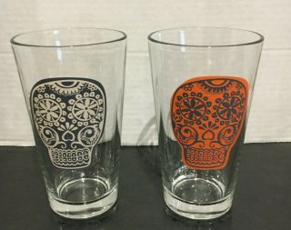 (set Of 2) Vintage " Day Of The Dead " Pint / 16 Oz.  Tumblers / Glasses