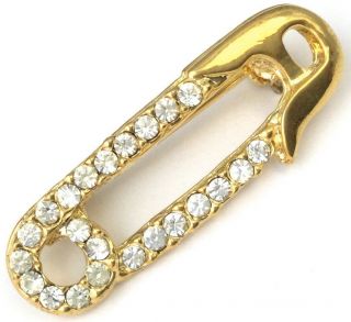 Vintage Safety Pin Brooch Clear Rhinestone Gold Tone Metal Small Size
