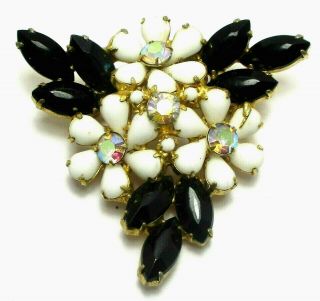 Vintage Juliana Flower Brooch White Milk Glass Stones & Black Rhinestones