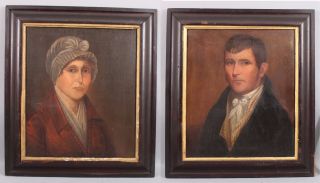 Pr Antique Early 19thc Primitive Folk Art Portrait Oil Paintings Husband & Wife