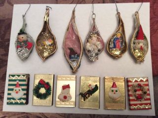 Set Of 6 Vintage Christmas Ornaments Spun Cotton Chenille And Bonus Matchboxes