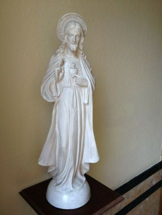 Antique Glaze Plaster Jesus Christ Sacred Heart Signed Monastery Statue Figure
