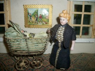 Antique German Miniature Dollhouse Victorian Doll W/ German Buggy &baby