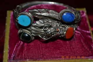 Vintage Jakarta Indonesian Silver? Dragon Bracelet W/turquoise,  Jade?,  Star Saph