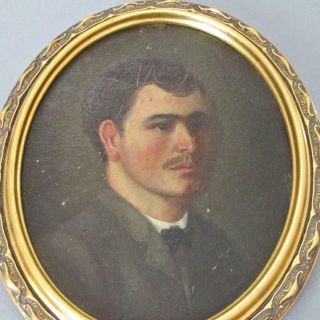 Antique C1900 Oil Painting On Board Portrait Of Young Man Oval Gilt Wood Frame