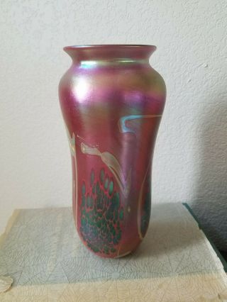 Vtg Carlson Art Glass Don Richardson Iridescent Lustre Vase Pink Blue Rose