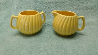 Vintage Yellow Ceramic Creamer Cream & Sugar Set Swirl Lines Kitchen