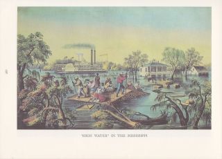 1974 Vintage Currier & Ives " High Water In The Mississippi " Flooding Color Litho