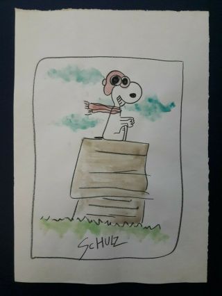 Charles Schulz Drawing Signed Watercolor On Vintage Paper.