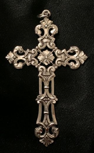 Antique Sterling Silver Cross Pendant Ornate Large Art Noveau Victorian Necklace