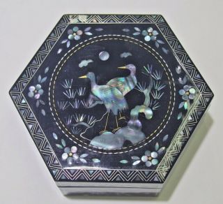 Vintage Black Lacquer Hexagonal Mother Of Pearl Inlay Hand Crafted Jewelry Box