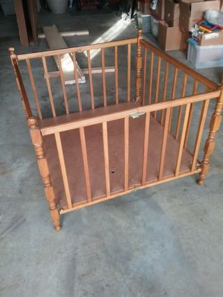 Vintage Solid Wood Fold Up Playpen/playyard On Wheels Pre - Owned