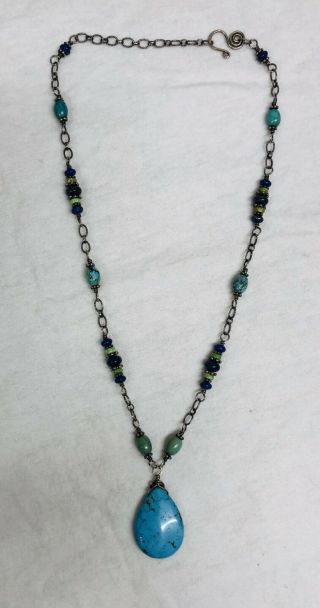 Vintage Sterling Silver Turquoise Lapis Lazuli Necklace 22” Long