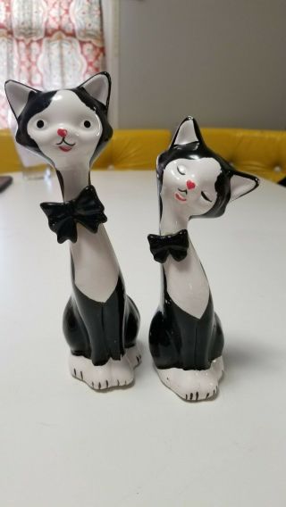 Vintage Ceramic Black & White Sitting Kitty Cat Figurines Closed Eye Bow Tie