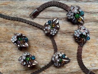 Vintage Rhinestone Mesh Necklace Bracelet Earring Set
