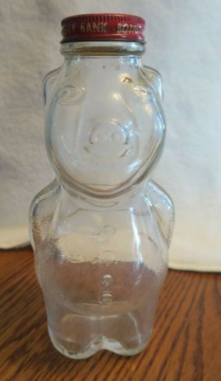 Vintage 1950’s England Piggy Bank Syrup Bottle Glass 7 1/4 " Tall