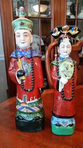 Antique Chinese Emperor And Empress Porcelian Statue Figures 15 " Tall Pair