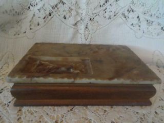 Vintage Dante Carpenters Bench Wood Carved Incolay Hinged Lid Vanity Jewelry Box